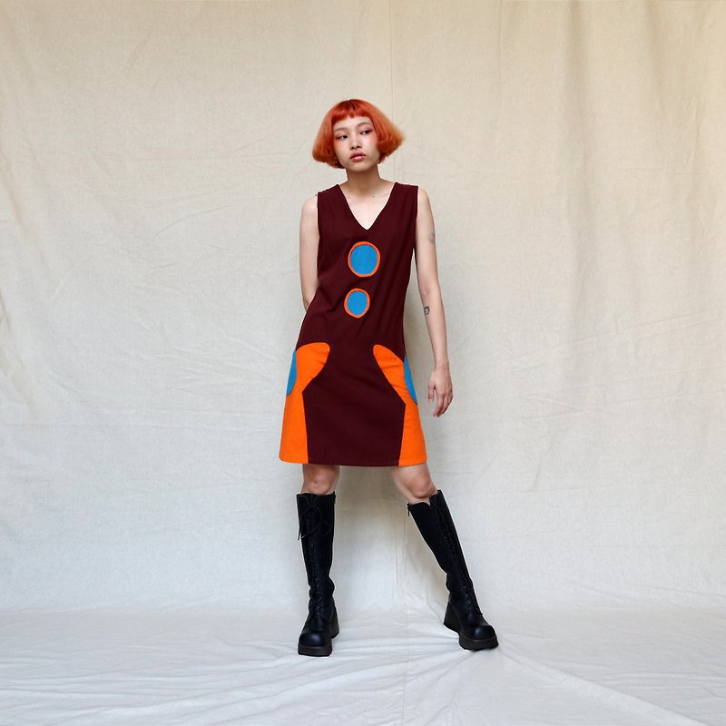 Pumpkin Vintage. Brown cute collage contrast pocket vest dress - One Piece Dresses - Cotton & Hemp Brown