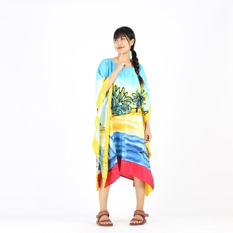 Hand Painted Cotton Silk Kaftan for Summer Resort Vacation Free Size - ชุดเดรส - ผ้าฝ้าย/ผ้าลินิน สีเหลือง