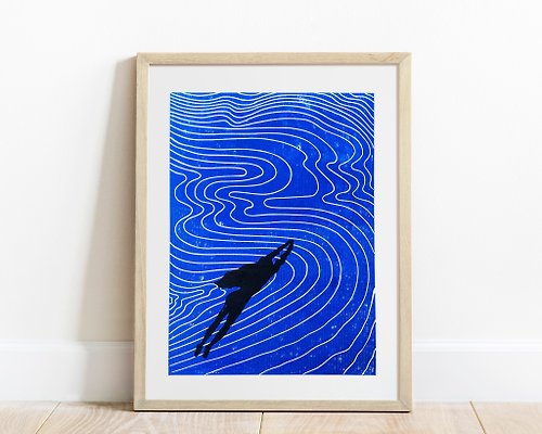 daashart Girl swimming and abstract blue water wall art Linocut print Original artwork