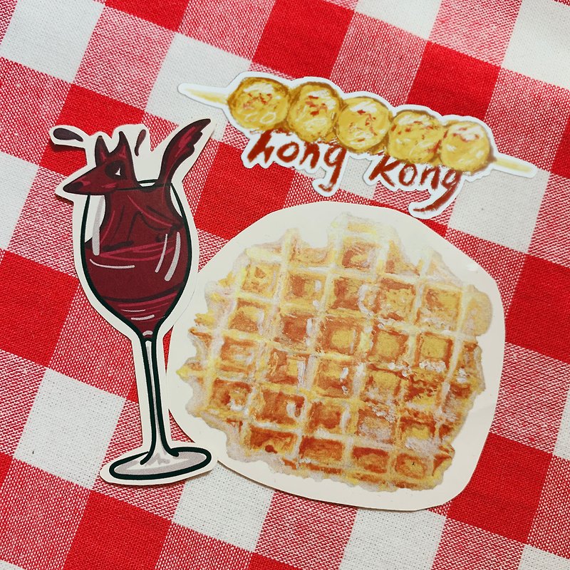Red Wine Dog + Waffle + Fishball Illustration Sticker Pack (3 pcs) - Stickers - Paper Yellow