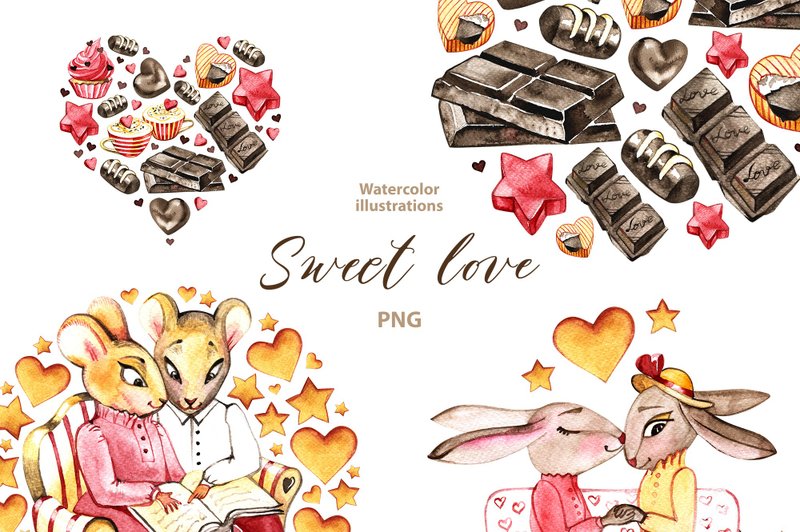 Watercolor Sweet Love clipart set, 6 Png, Vintage style Clipart, Cottagecore - 其他數位設計 - 其他材質 