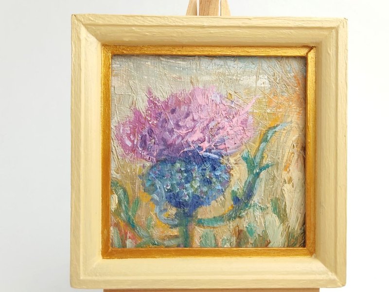 Thistle painting original oil art flower artwork 8 by 8 cm - Posters - Other Materials Purple