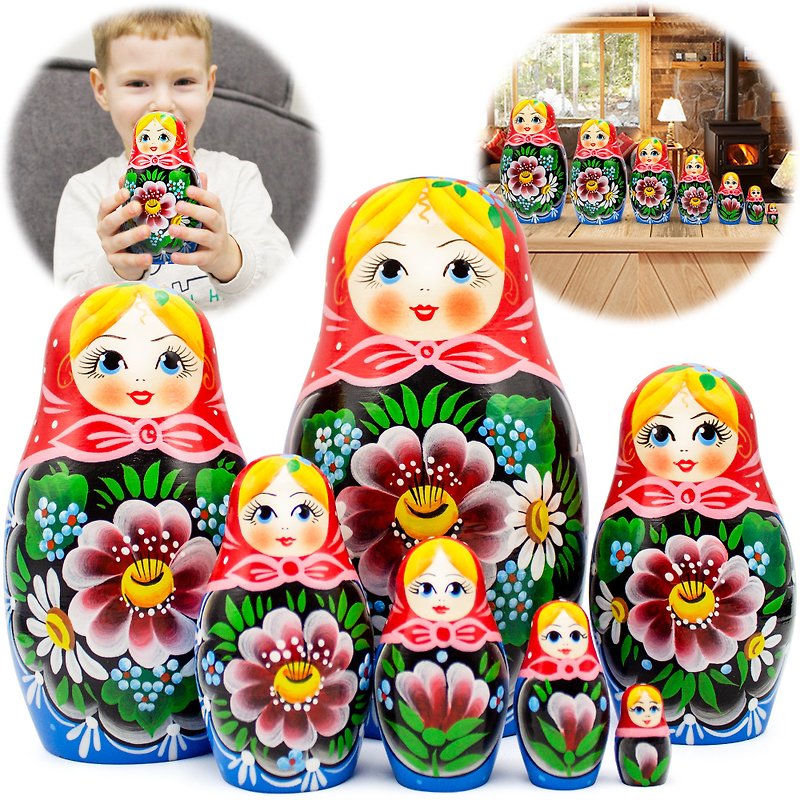 花とロシアの入れ子バブシュカ人形 - 手作りのマトリョーシカ人形 7 個 - 知育玩具・ぬいぐるみ - 木製 多色