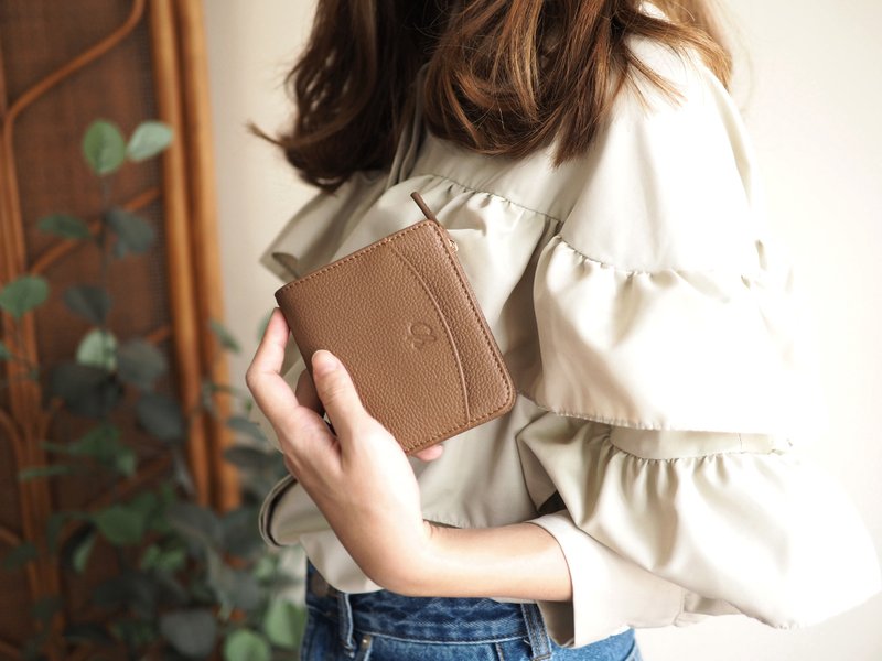 Anna (Coffee) : Bifold Zipper Wallet, Small leather short wallet, Brown - กระเป๋าสตางค์ - หนังแท้ สีนำ้ตาล