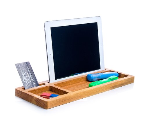 WOODPRESENTS Desk organizer Catchall tray iPad and iPhone stand Kitchen tablet wood holder