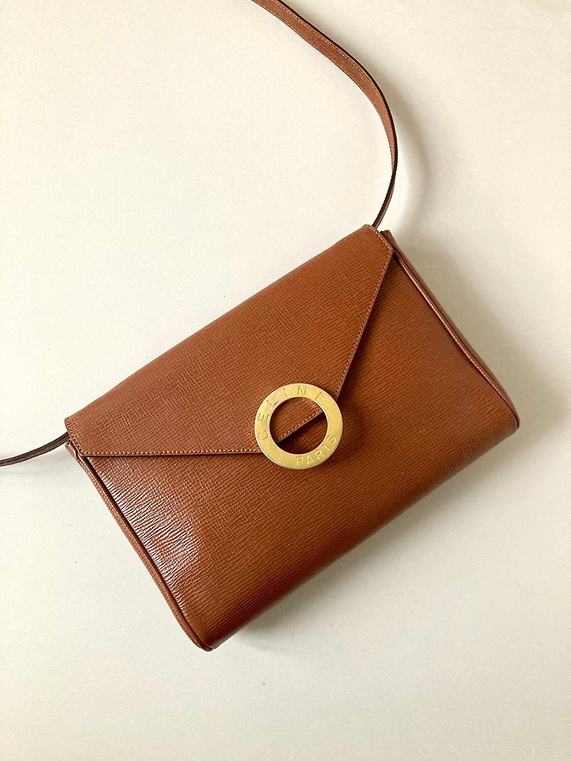 [LA LUNE] Second-hand Celine large gold ring brown shoulder handbag diagonal side back envelope small bag - Messenger Bags & Sling Bags - Genuine Leather Brown
