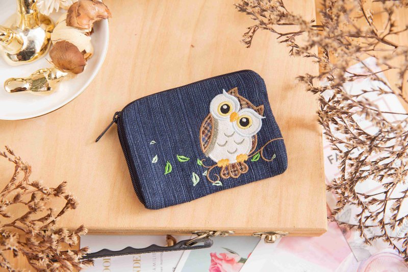 Owl Denim Denim Zipper Coin Purse/Card Storage Bag [820137] - กระเป๋าใส่เหรียญ - ผ้าฝ้าย/ผ้าลินิน สีน้ำเงิน