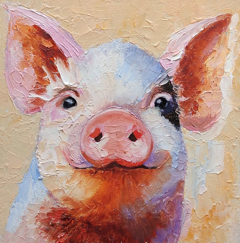Pig Portrait Original Oil Painting Farm Animal Art Funny Wall Art 手工油畫  油畫原作 - 海報/掛畫/掛布 - 其他材質 多色