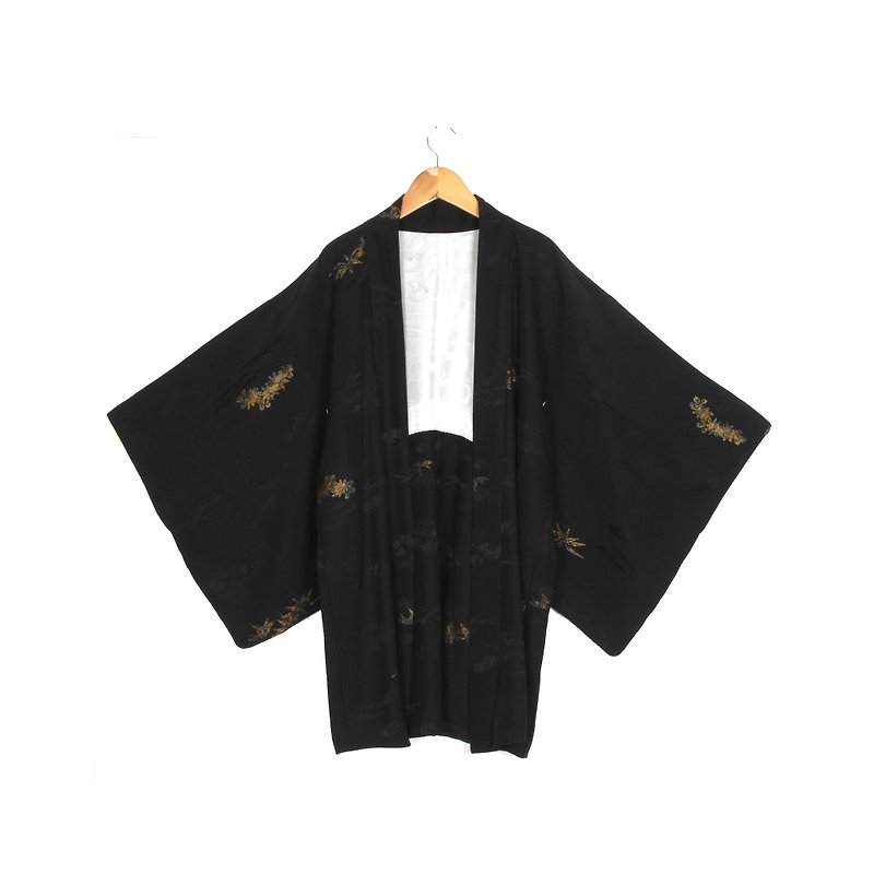 [Egg plant ancient] black gold bamboo embroidery ancient kimono feather weaving - จัมพ์สูท - เส้นใยสังเคราะห์ สีดำ