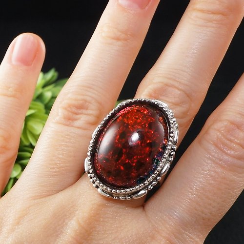 AGATIX Cherry Red Glass Adjustable Ring Ruby Red Marsala Large Boho Silver Ring Jewelry