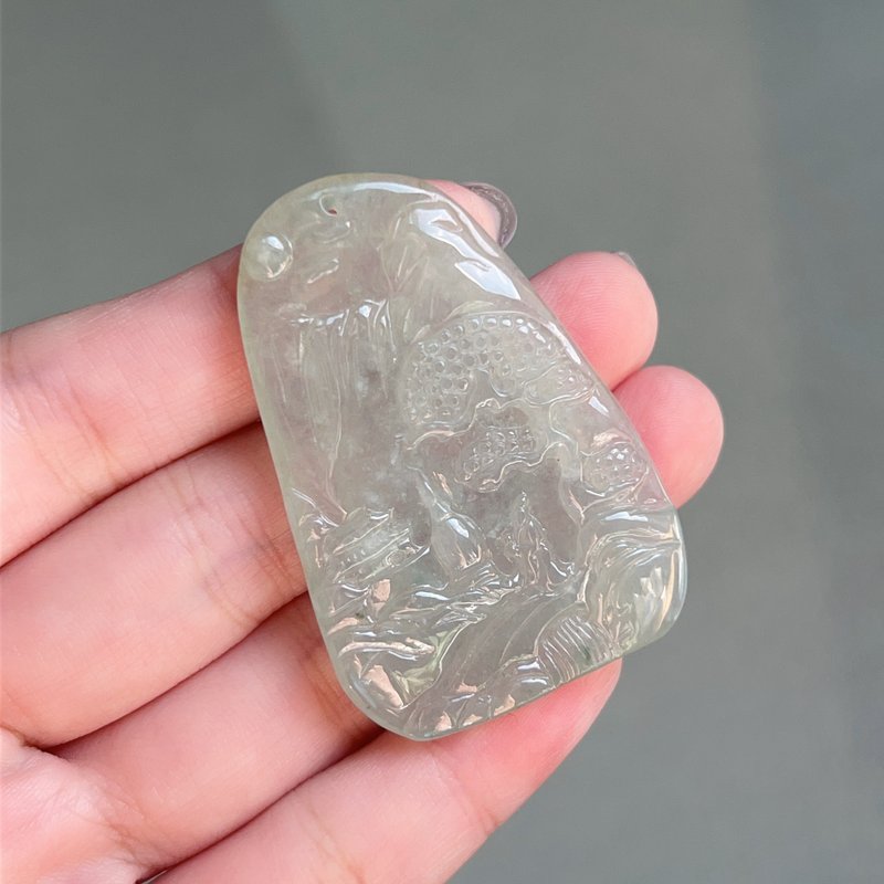 冰種翡翠山水牌 | 天然緬甸A貨翡翠 | 送禮 - 吊飾/掛飾 - 玉石 透明
