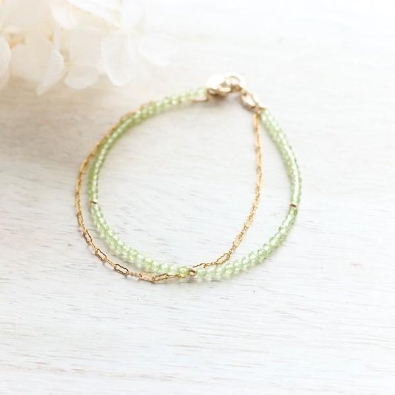 Happiness, love between husband and wife, peace Peridot and wave chain double bracelet August birthstone - Bracelets - Other Metals Green