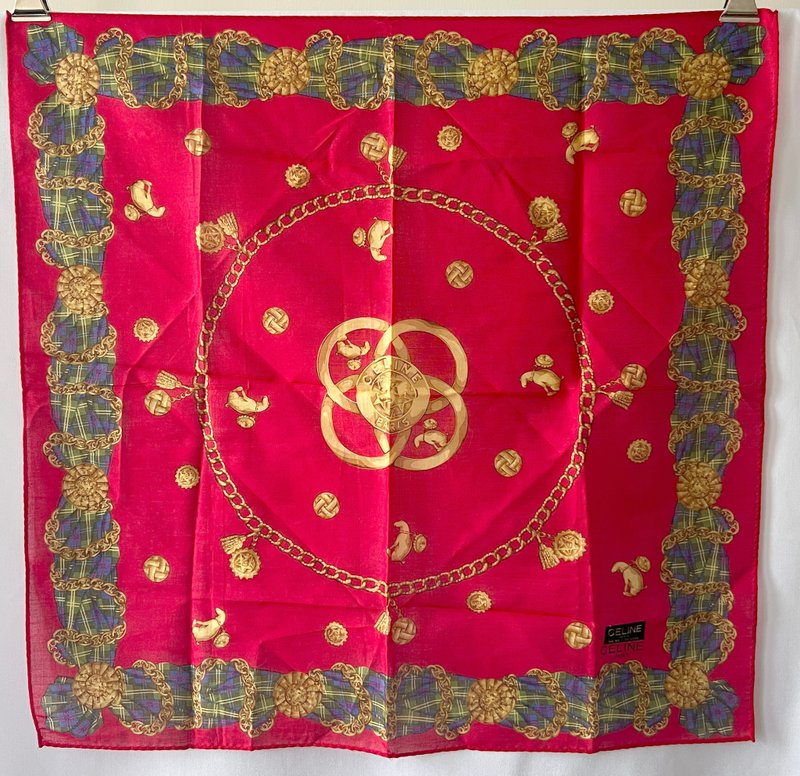 Celine scarf紅色凱旋門格仔鎖鏈綿質圍巾方巾絲巾 全新連貼紙 - 絲巾 - 棉．麻 紅色