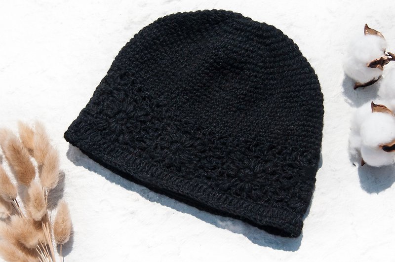 Hand-knitted pure wool hat/knitted hat/knitted woolen hat/inner bristle flower woolen hat/knitted hat-black - Hats & Caps - Wool Black
