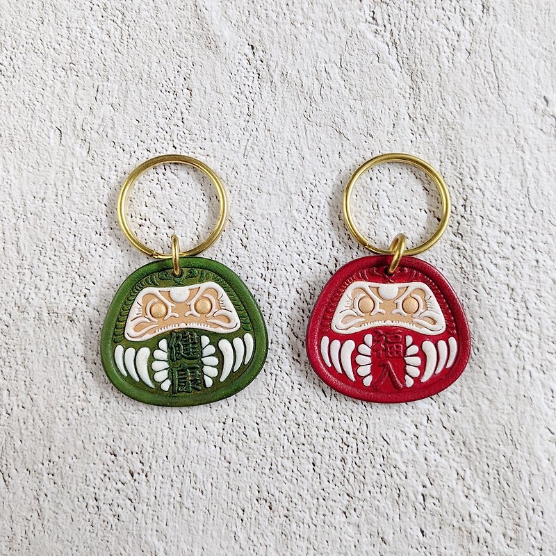 Handmade genuine leather Japanese style hand-dyed Daruma circle key ring painted pendant - ที่ห้อยกุญแจ - หนังแท้ สีแดง