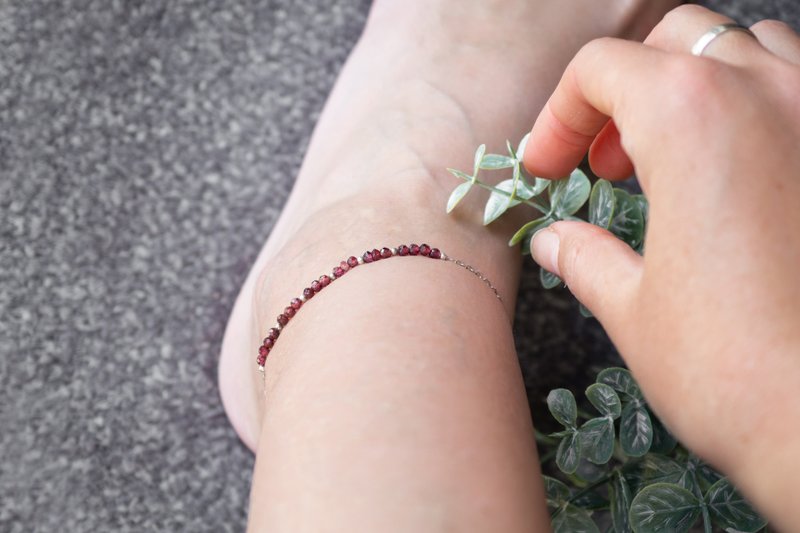 925 純銀腳鍊，石榴石踝鍊，摩羯座幸運石，一月誕生石 - 手鍊/手環 - 寶石 紅色