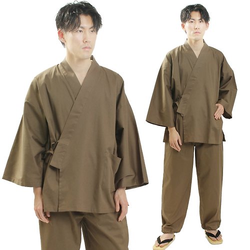 fuukakimono 日本 和服 男性用 彈力 作務衣 套裝 M L LL 棕色