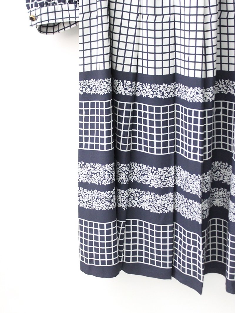 聚酯纖維 洋裝/連身裙 藍色 - 【RE0322D997】日本製格子碎花拼接格紋灰藍色長袖春夏古著洋裝