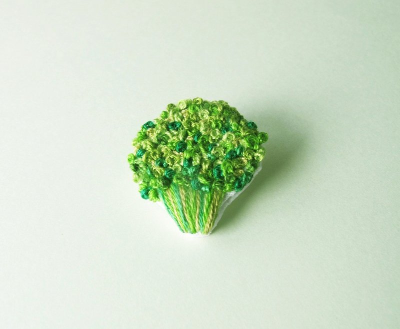 手工刺繡 綠花椰菜胸針/別針 - 胸針 - 繡線 綠色