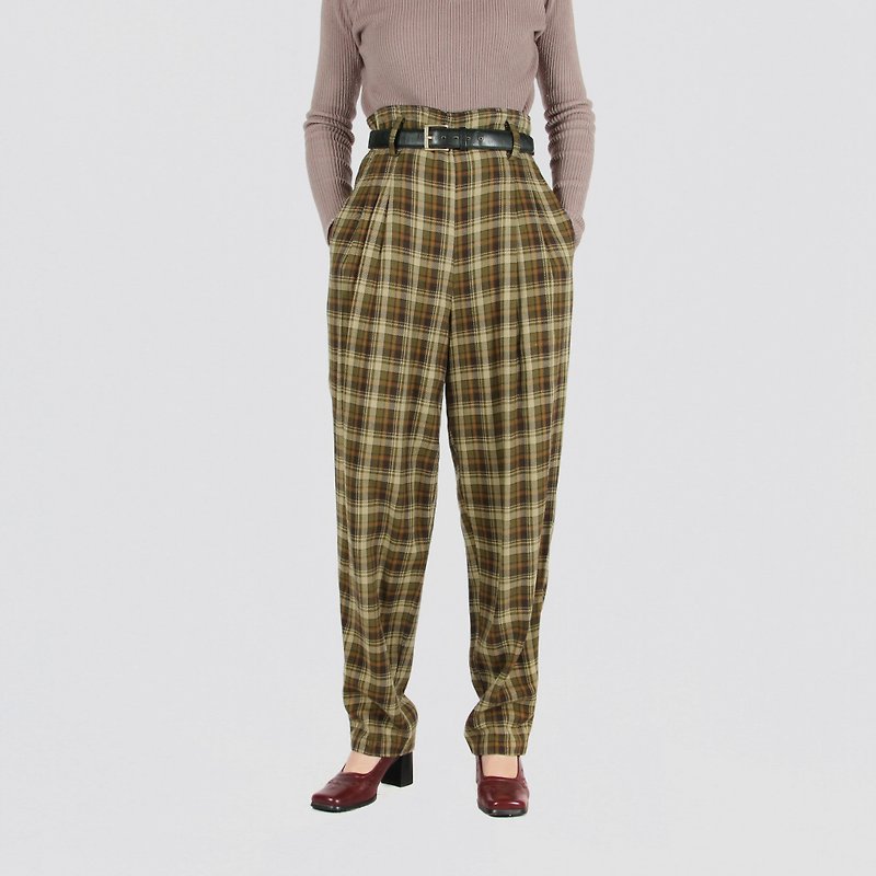 [Egg plant vintage] Mountain moss check wool high-waist vintage trousers - Women's Pants - Wool 