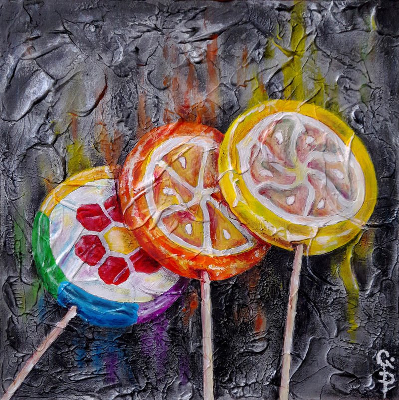 Lollipops Painting Oil Original Still life Wall Art Acrylic Canvas on Cardboard - 壁貼/牆壁裝飾 - 其他材質 多色
