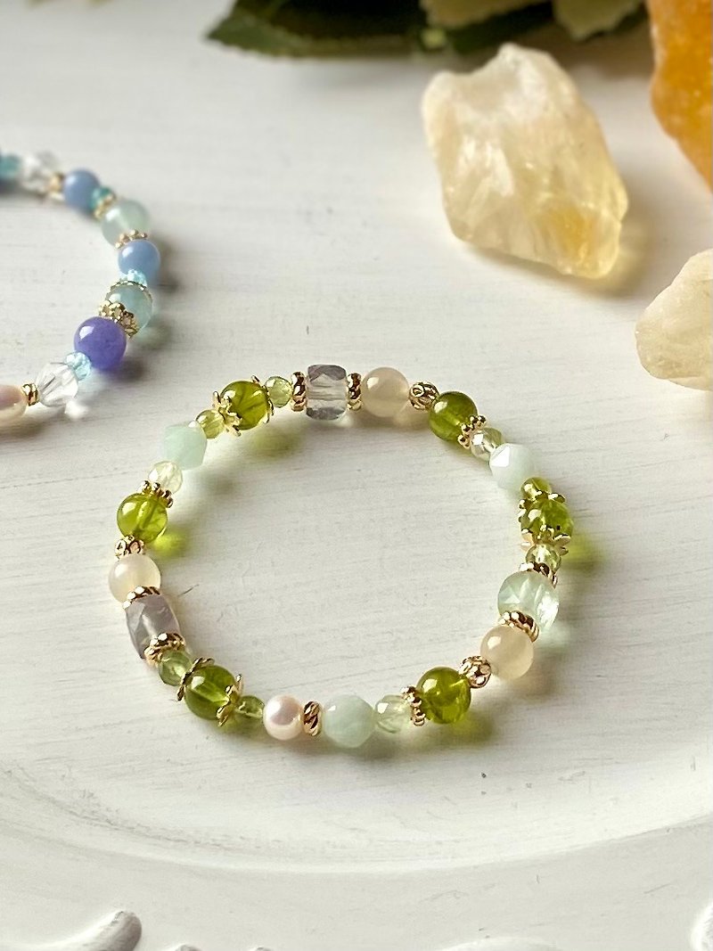 [] Uji Olive Stone/ Stone Morgan / Stone/ labradorite / freshwater pearl bracelet - Bracelets - Semi-Precious Stones Green