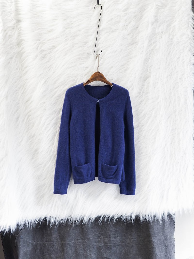 Fukui marine blue single button pocket youth handkerchief antique Kashmir cashmere vintage sweater cashmere - เสื้อแจ็คเก็ต - ขนแกะ สีน้ำเงิน