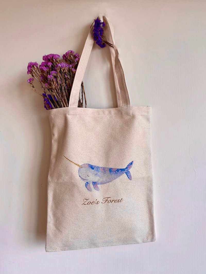 Forest marine animals canvas bag narwhal - กระเป๋าถือ - ผ้าฝ้าย/ผ้าลินิน 