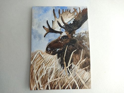 AlbinaBeadArt Moose painting original watercolor art animal artwork wildlife art