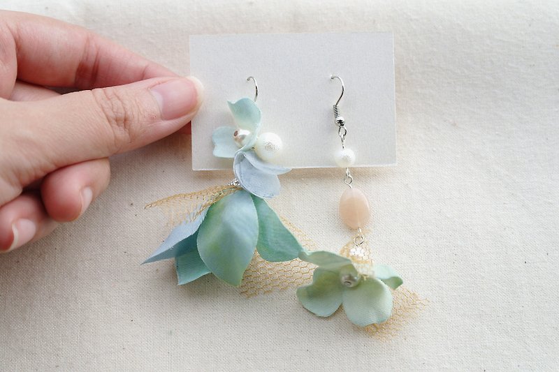 Handmade Vintage Green Fabric Flower Faux Pearls Earrings Hook ER006 - Earrings & Clip-ons - Plants & Flowers Green