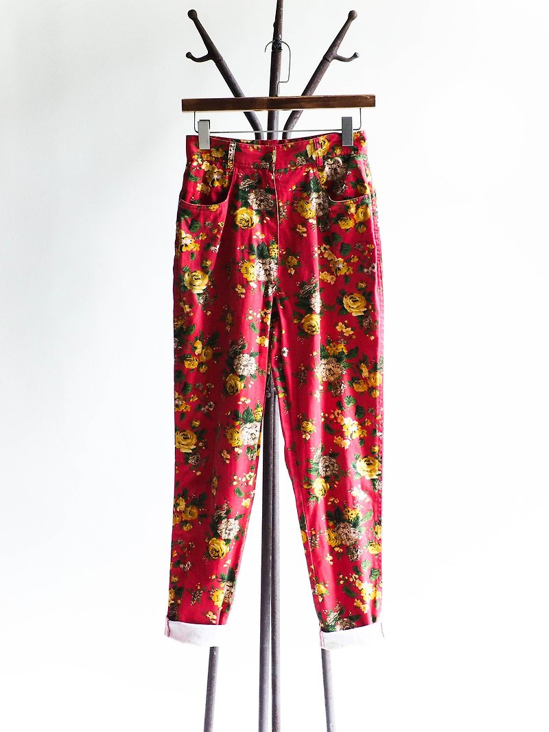 River Water Mountain - Aichi Spring Warm Flower Bloom Season Cotton Antique Straight Wide Pants - กางเกงขายาว - ผ้าฝ้าย/ผ้าลินิน สีแดง