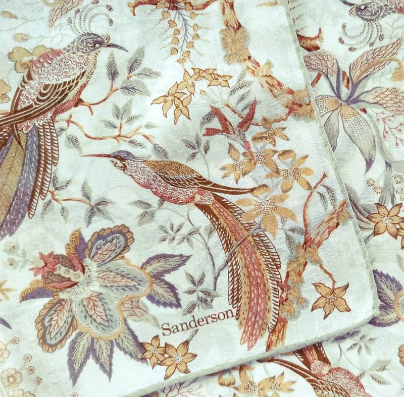 Sanderson Vintage Scarf Birds and Floral Botanical 21 x 20.5 inches - 絲巾 - 棉．麻 卡其色
