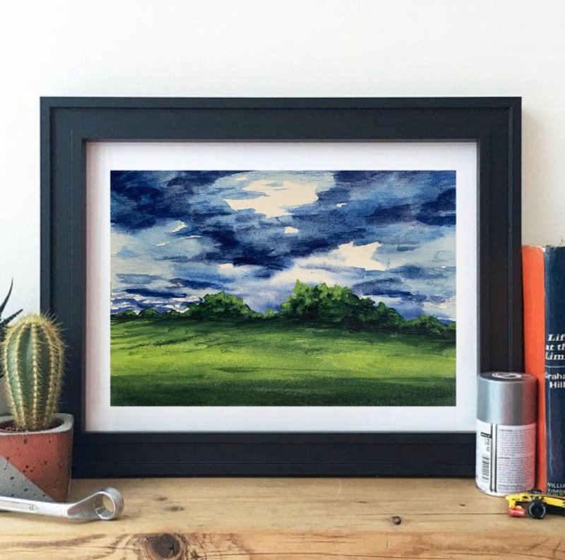 Original Watercolor Painting Cloudy Landscape Trees Painting Green Field Artwork - 壁貼/牆壁裝飾 - 紙 多色