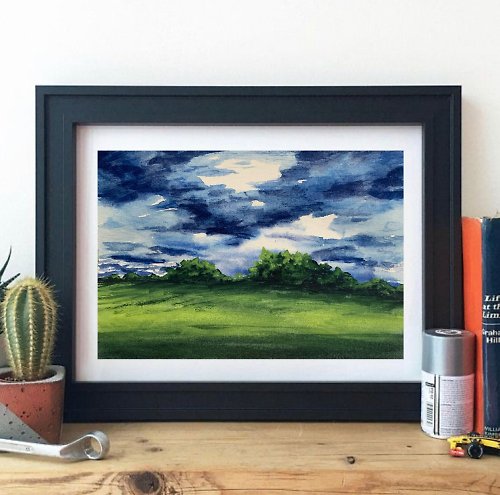 OsipovArtStudio Original Watercolor Painting Cloudy Landscape Trees Painting Green Field Artwork