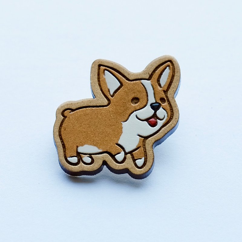 彩繪木製胸針-柯基犬 - 心口針/胸針 - 木頭 咖啡色
