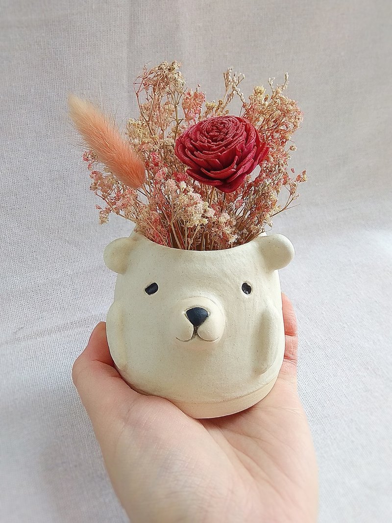 Handmade Ceramic Small Flower Vase, Cute Animal Home Decor - White Teddy Bear - เซรามิก - ดินเผา ขาว