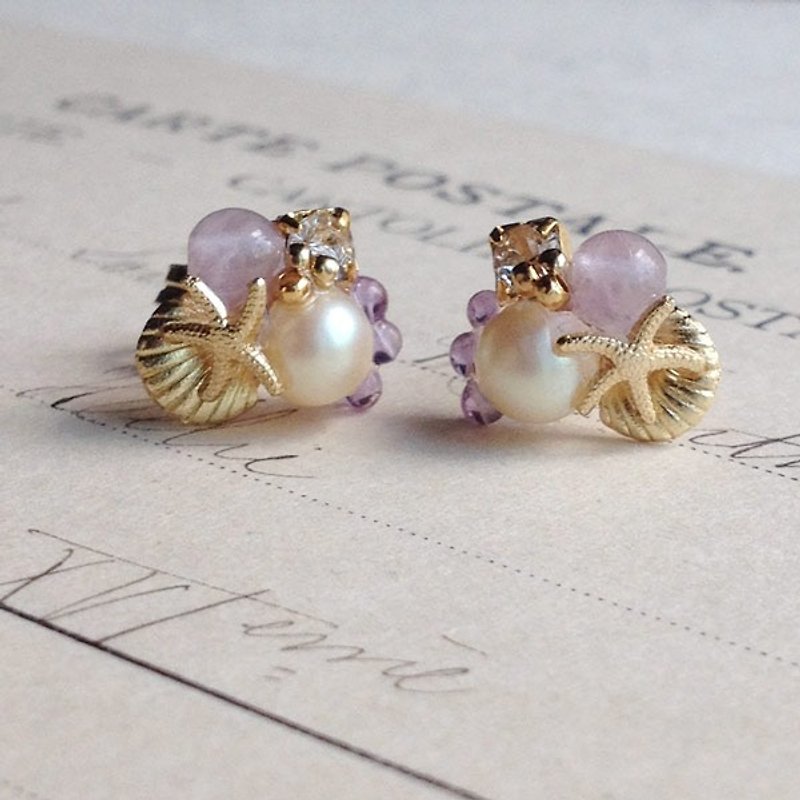 Small shell Bijou earrings 14kgf vintage pearl and lavender amethyst [ii-402] - ต่างหู - หิน สีม่วง
