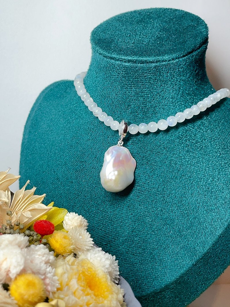 Sterling silver baroque pearl pendant with moonstone chain - Necklaces - Sterling Silver White