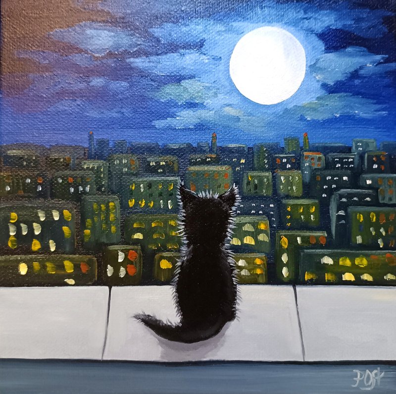 Cat on Roof art Animals Pets Original oil painting Animal Painting on Canvas - ตกแต่งผนัง - วัสดุอื่นๆ สีน้ำเงิน