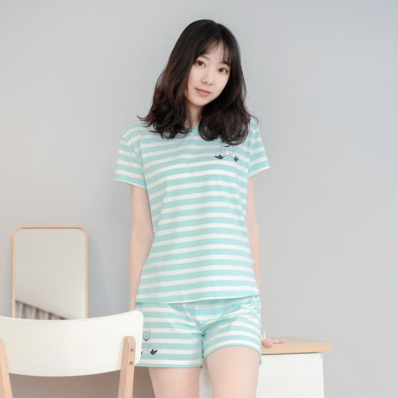 UMORFIL膠原蛋白台灣黑熊條紋V領居家服-藍 - 居家服/睡衣 - 棉．麻 藍色
