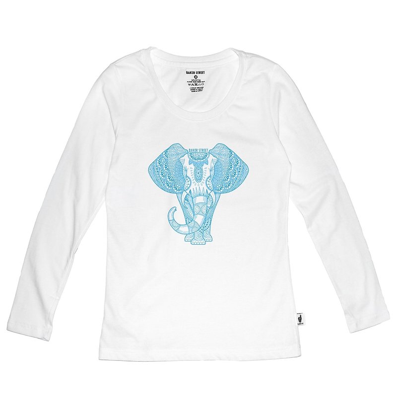 British Fashion Brand [Baker Street] Zentangle Elephant Printed Long Sleeve - Women's Tops - Cotton & Hemp White