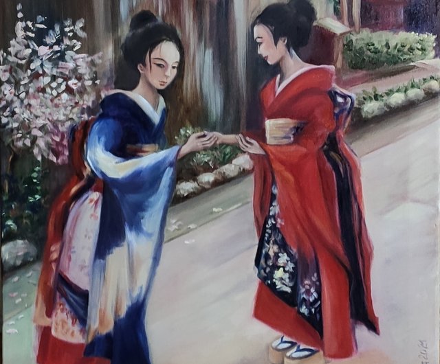 桜が咲く都会の壁アート オリジナル絵画 日本の着物を着た女性のアート - ショップ JoyArtUA ウォールデコ・壁紙 - Pinkoi