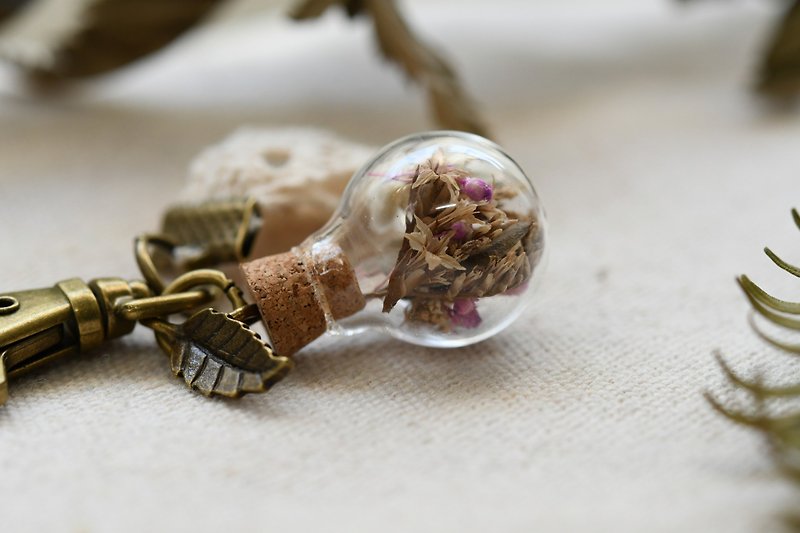 花朵漂流瓶‧乾燥花‧玻璃球鑰匙圈 - 鑰匙圈/鎖匙扣 - 玻璃 粉紅色