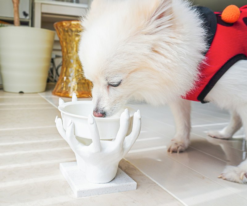 黏土 寵物碗/碗架/自動餵食器 白色 - 仿手形狀的寵物碗架