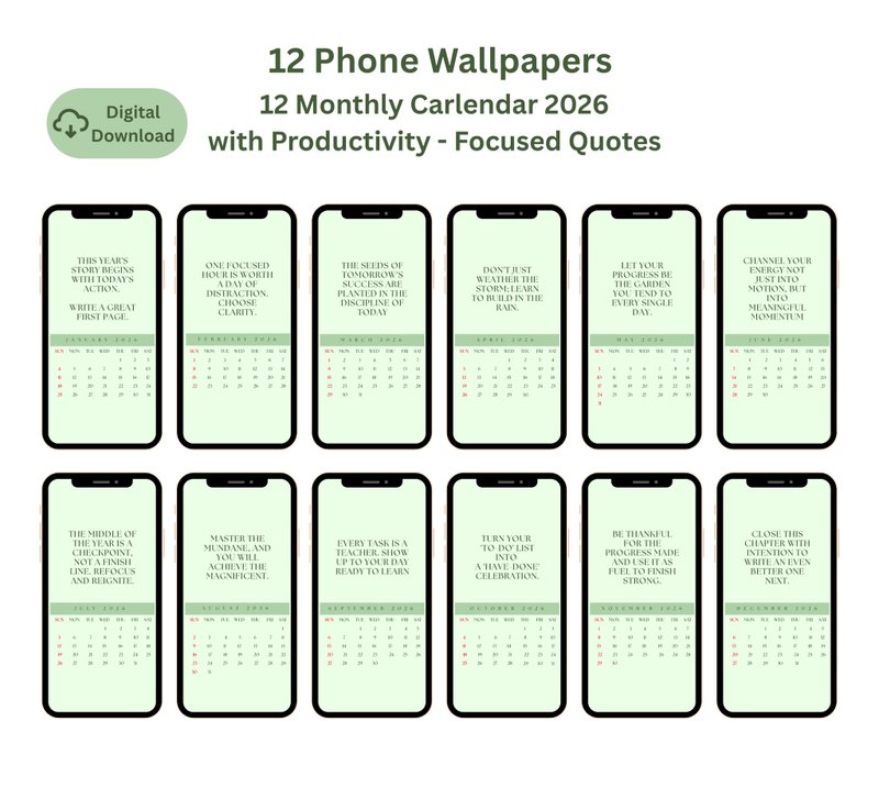 2026 Calendar Phone Wallpaper, Monthly Productivity Quotes for Motivation - 其他數位商品 - 其他材質 