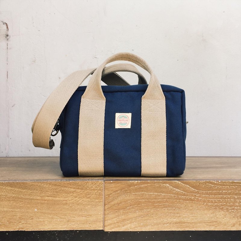 New Navy Box Crossbody Canvas Bag with zipper / Satchel - 手袋/手提袋 - 棉．麻 藍色