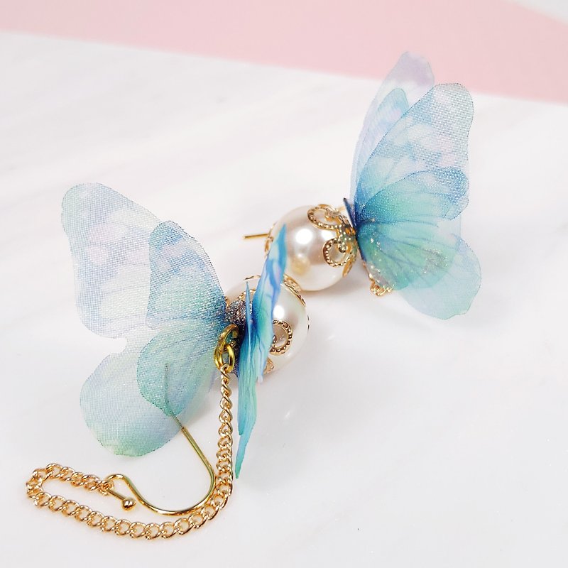 INFINITY Daqian Blue Green Gradient 2 Layer Tulle Butterfly Pearl Earrings / Clip Gift Lovers - ต่างหู - ผ้าฝ้าย/ผ้าลินิน สีน้ำเงิน