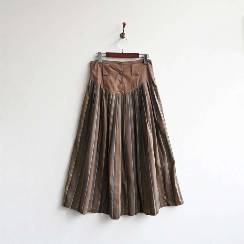 [Egg Plant Vintage] Striped Stroll Color Block High Waist Vintage Skirt - กระโปรง - ไฟเบอร์อื่นๆ สีนำ้ตาล