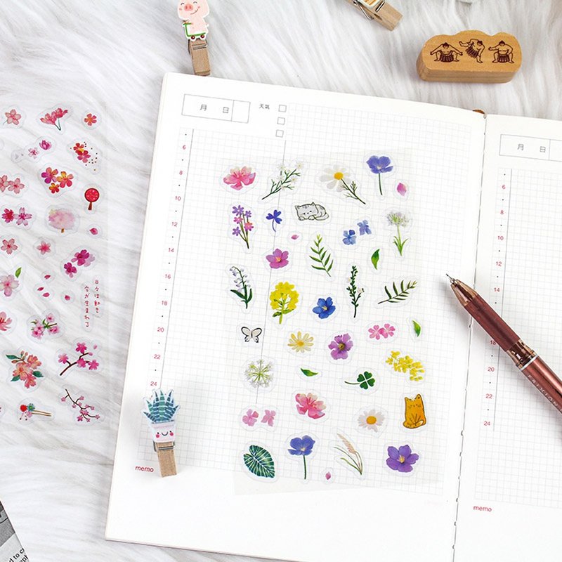 Chuyu 手帳貼紙/手帳裝飾素材/DIY裝飾/透明造型貼紙/清新花草 - 貼紙 - 紙 多色