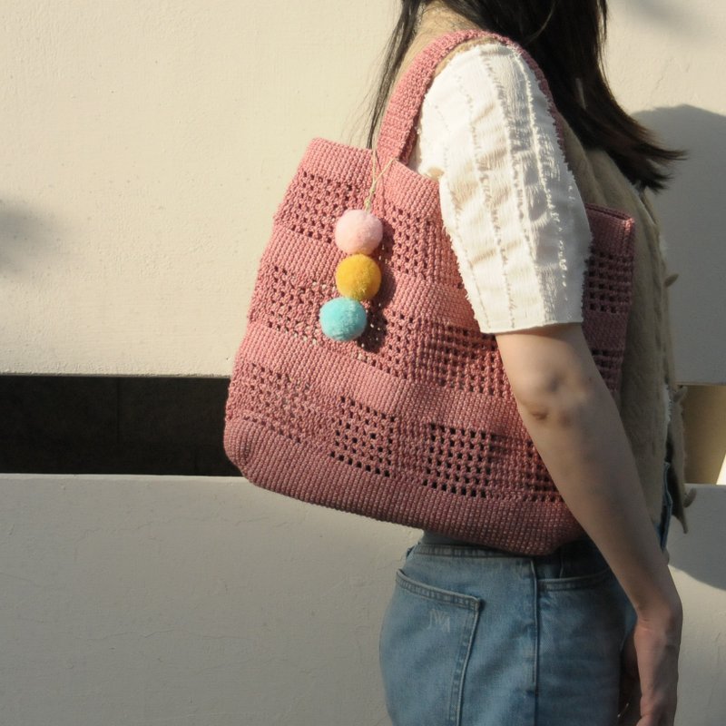 桜丸々手提げ麻紐編みバッグ / 麻紐編み / 斜めがけ - トートバッグ・ハンドバッグ - コットン・麻 ピンク